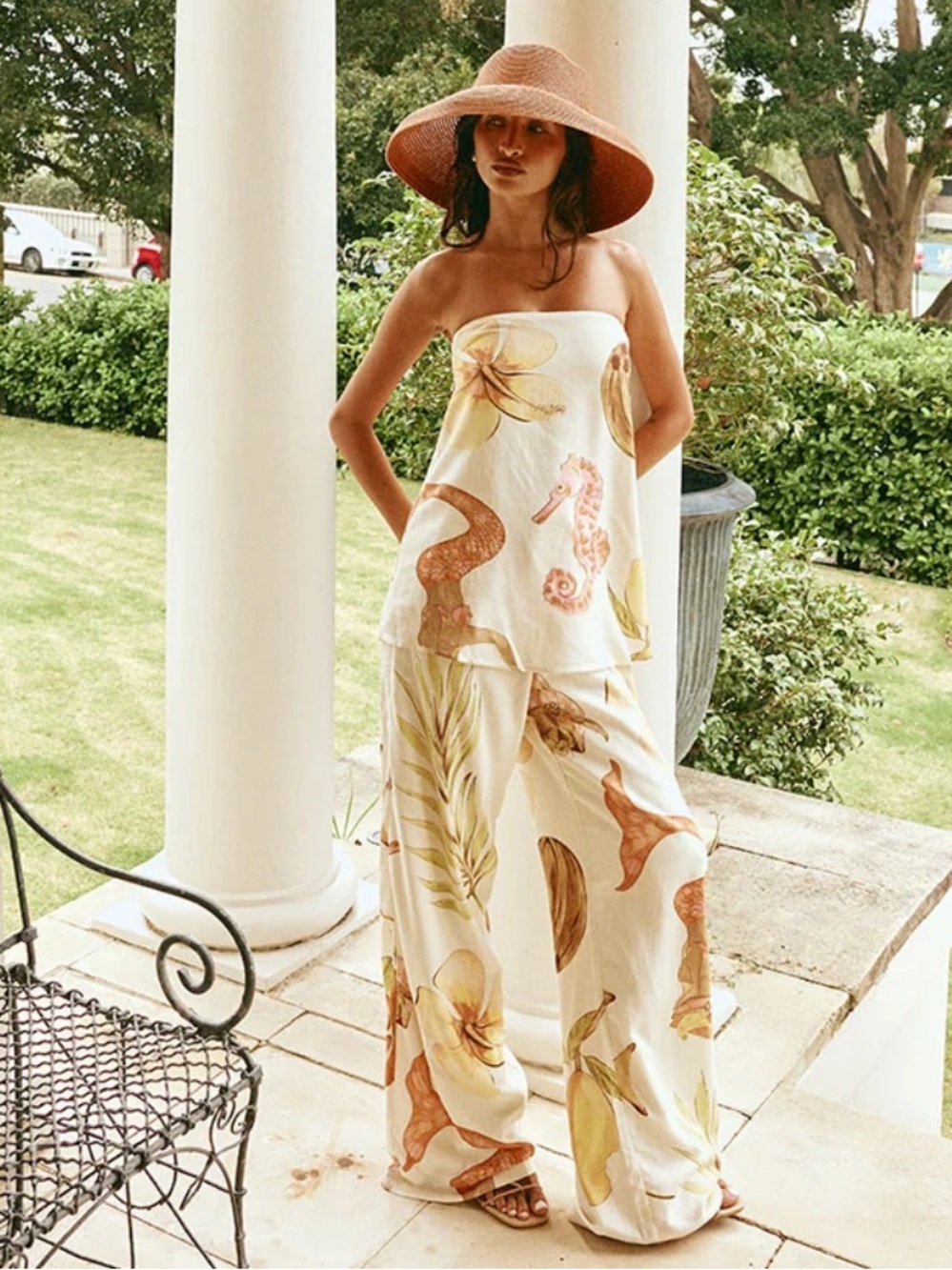 SABO 2 Piece Kaia Linen Blend Strapless Top & Relaxed Pant in Island Time